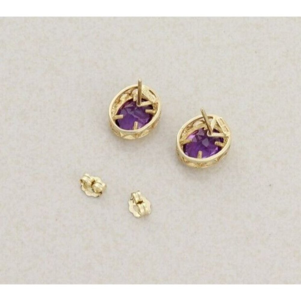 10k Yellow Gold Natural Amethyst Earrings Stud Post - Picture 6 of 8
